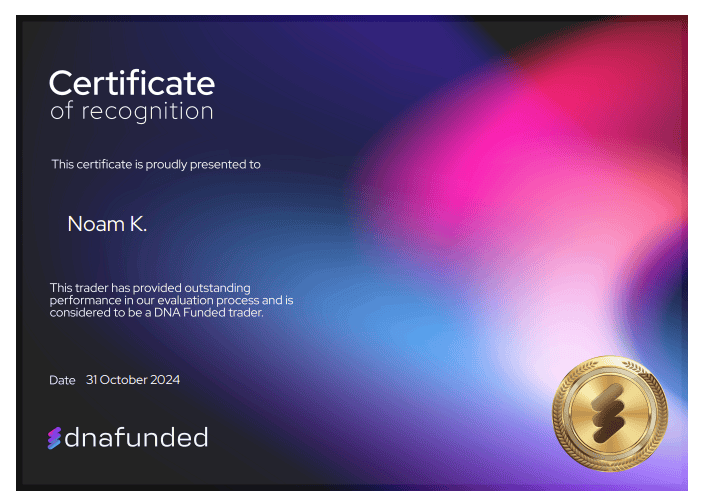 DNA Funded certificate of recognition for funded traders